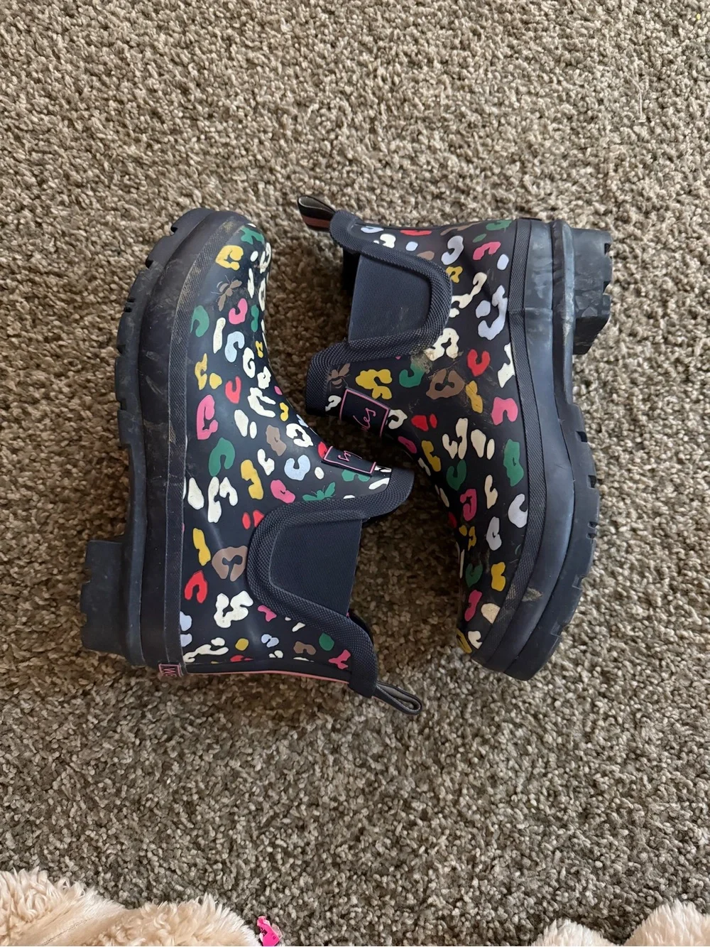 Joules Black Rain Boots with Multicolor Leopard Spots